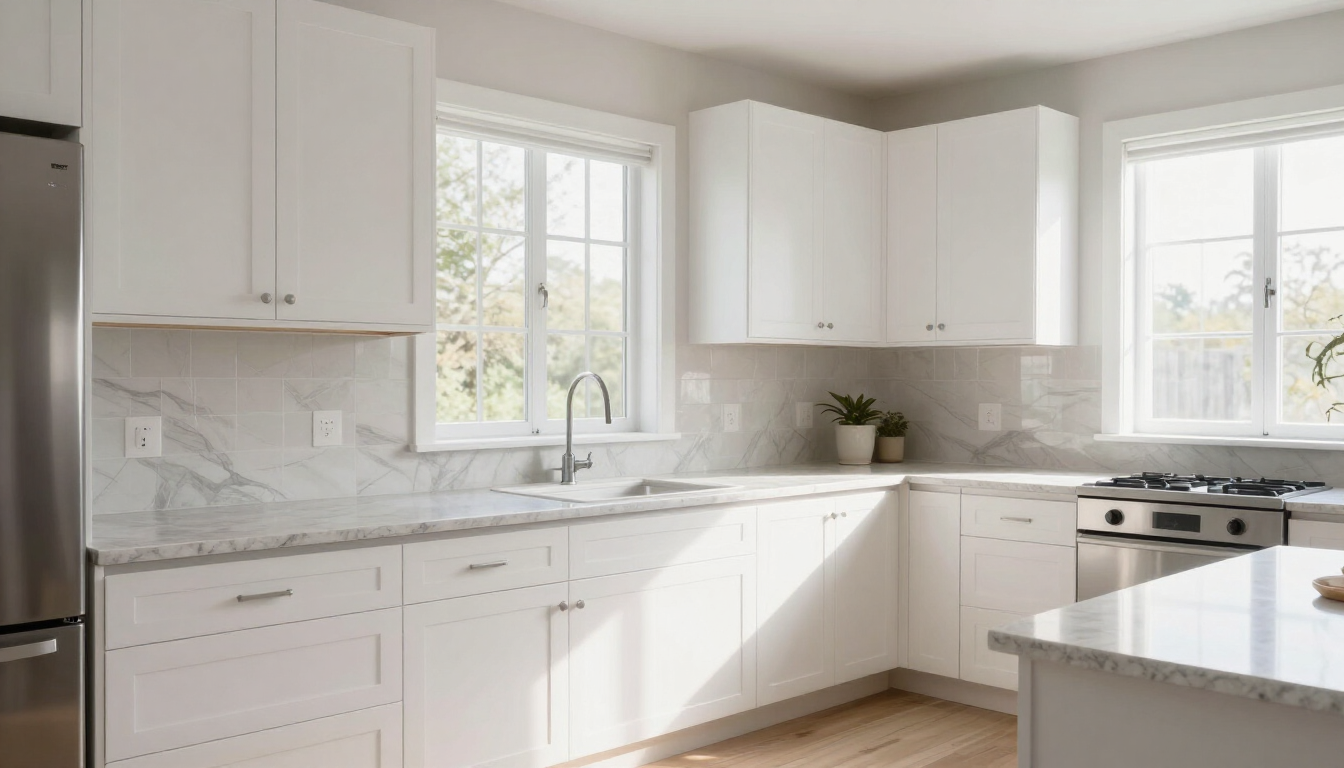 Bright white modern kitchen with cabinets, marble backsplash, windows, and a sunlit island countertop