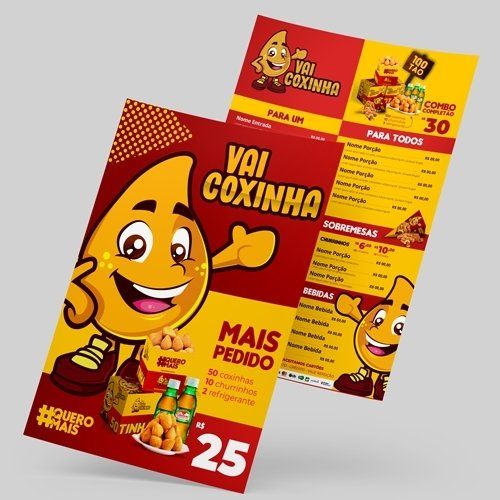 Um cardápio do vai coxinha tem um personagem de desenho animado