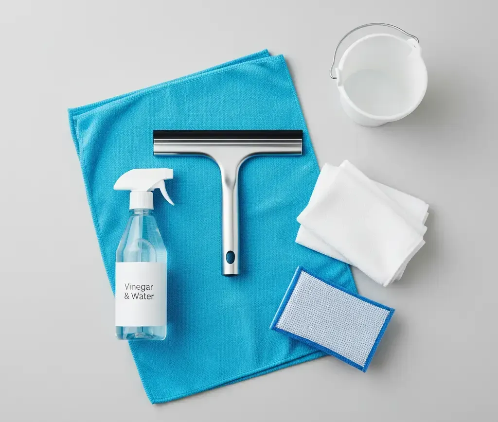 Cleaning supplies: blue cloth, spray bottle, squeegee, bucket, white cloths, and sponge on a gray surface.