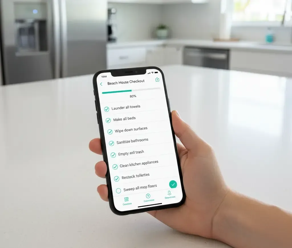 A person holds a phone displaying a checklist app in a kitchen setting.