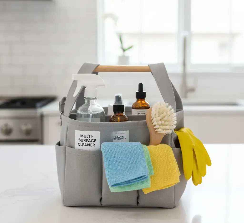 Gray cleaning caddy with supplies on a kitchen counter: spray bottles, cloths, brush, gloves.