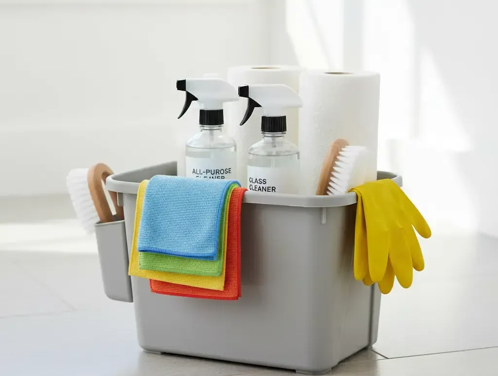 Gray cleaning supplies bucket with spray bottles, paper towels, cloths, brushes, and gloves.