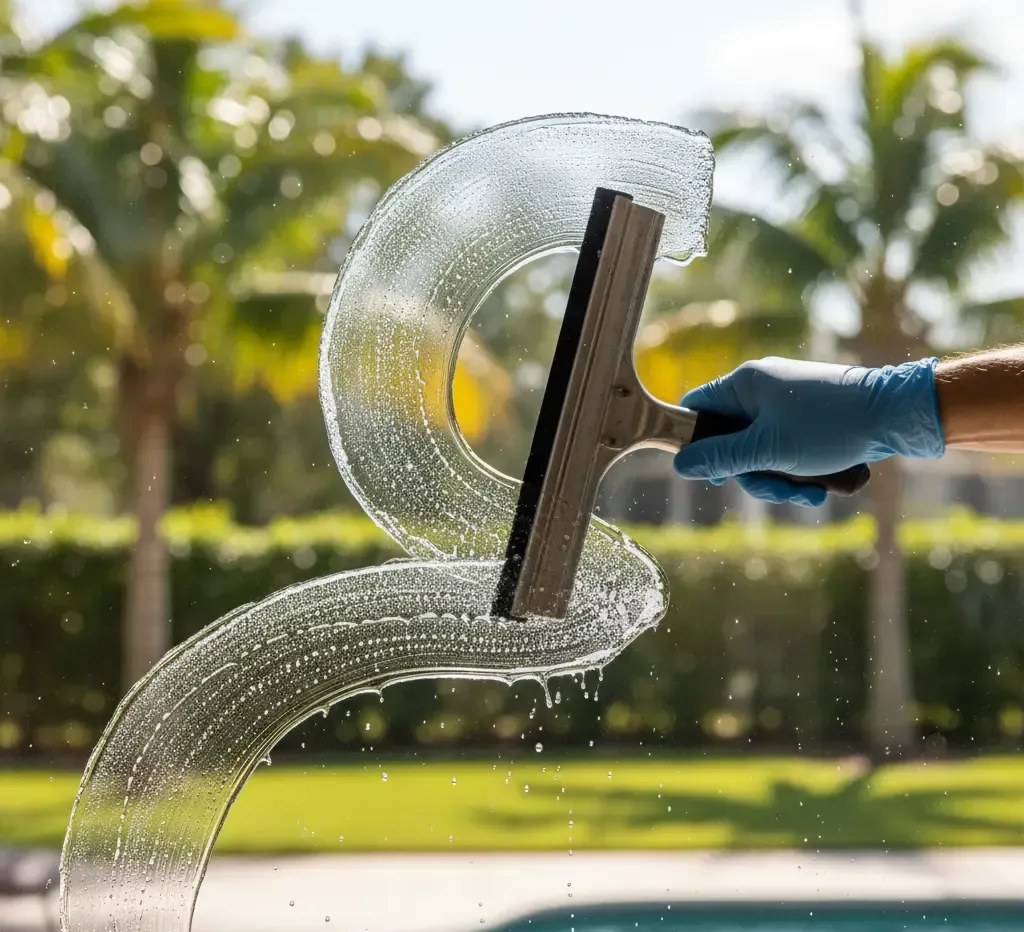 Hand in blue glove using a squeegee to clean a window with suds. Outdoors, sunny setting.