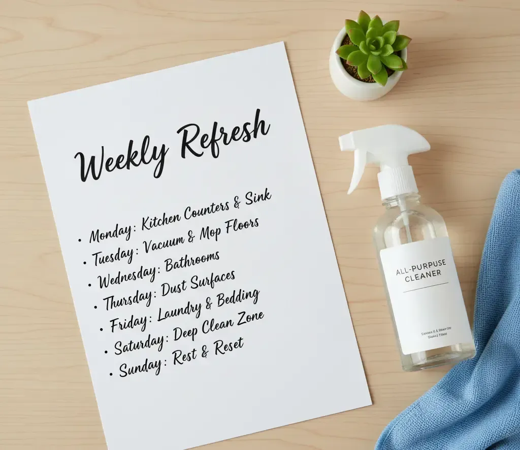 A cleaning schedule with a spray bottle, a plant, and a blue cloth on a wooden table.