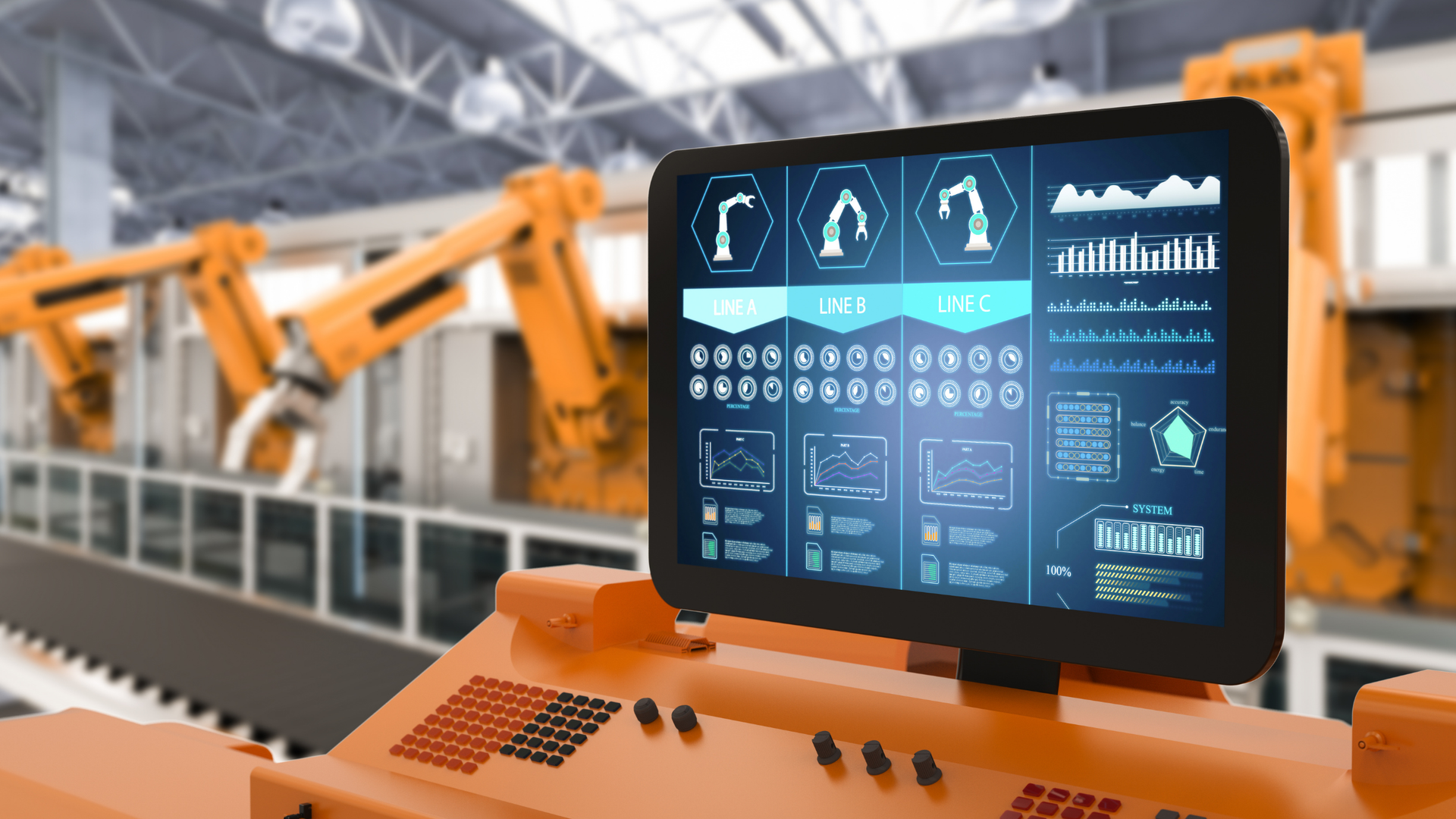 Orange industrial control panel with touchscreen dashboard overlooking robotic arms in a factory