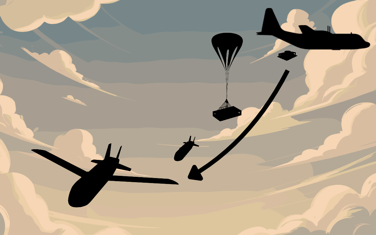 Boomslang-200 concept art: palletized release from a cargo aircraft ramp, wing deployment, and transition to cruise
