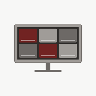 Computer monitor displaying six colored square windows.