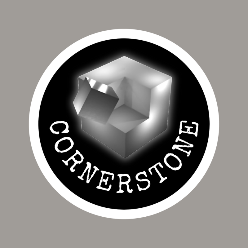 Cornerstone logo: Shiny silver cube inside black circle, 