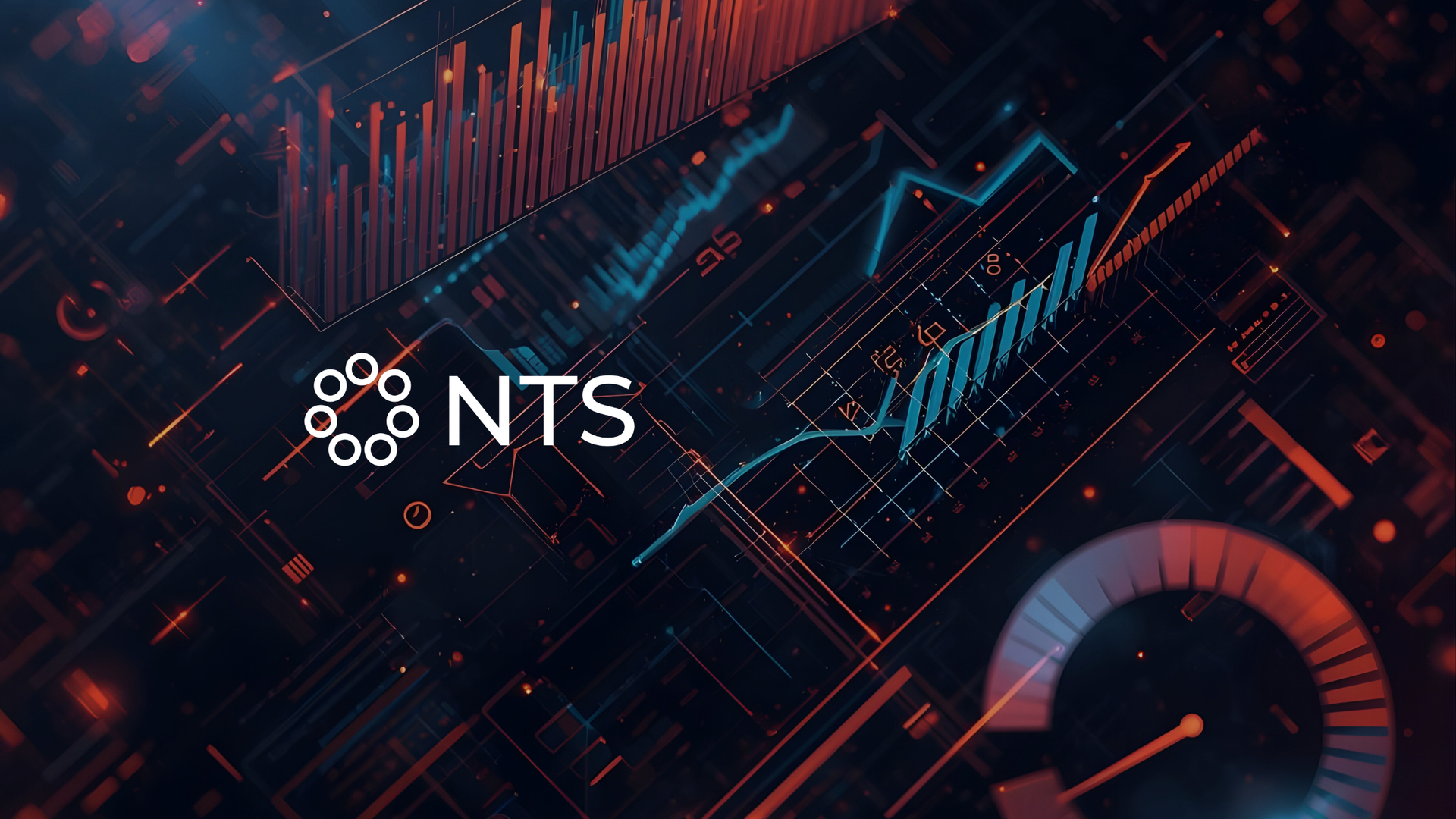 Abstract dark tech background with red and blue data charts and the NTS logo on the left