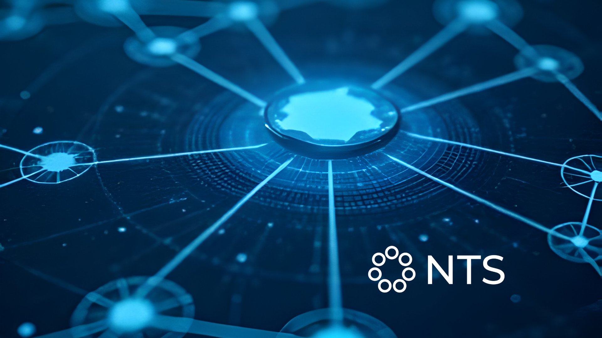Blue digital network graphic with connected nodes and NTS logo