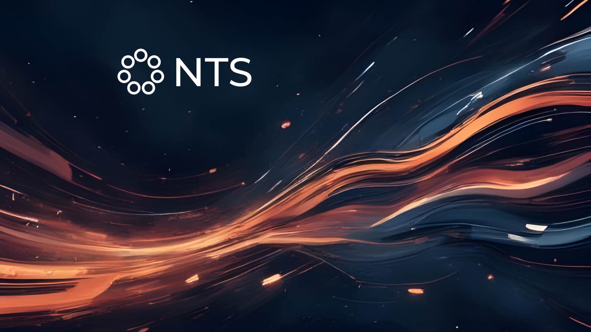 NTS logo on a dark background with flowing orange and blue light trails
