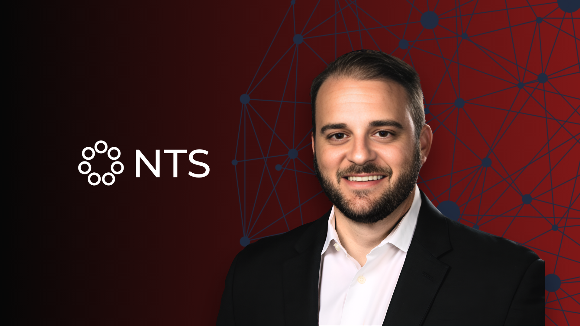 NTS logo on a dark red background with a smiling man in a suit on the right