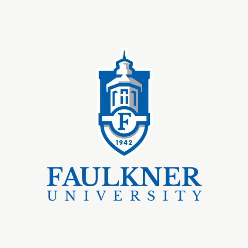 Faulkner University logo: blue shield with a tower and 