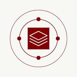 Maroon layers icon within a circle, four dots around the perimeter.