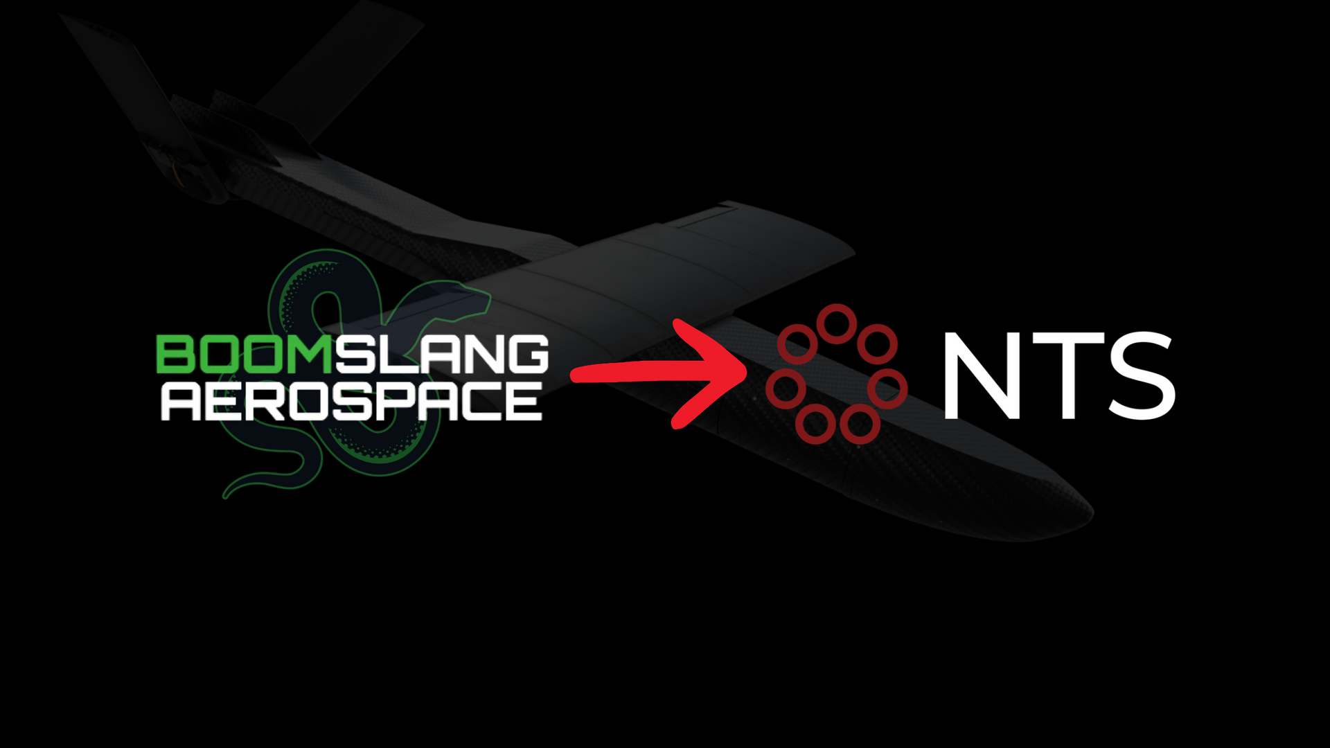 Boomslang Aerospace logo with a red arrow pointing to NTS logo on a black background