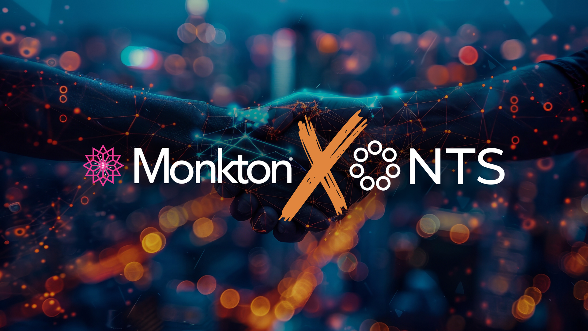 Monkton X NTS logo in white and orange on a blue bokeh background with glowing abstract lights
