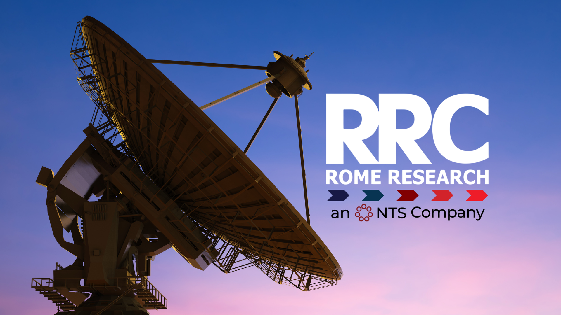 Large radio telescope against twilight sky with PDC Rome Research logo and NTS company branding
