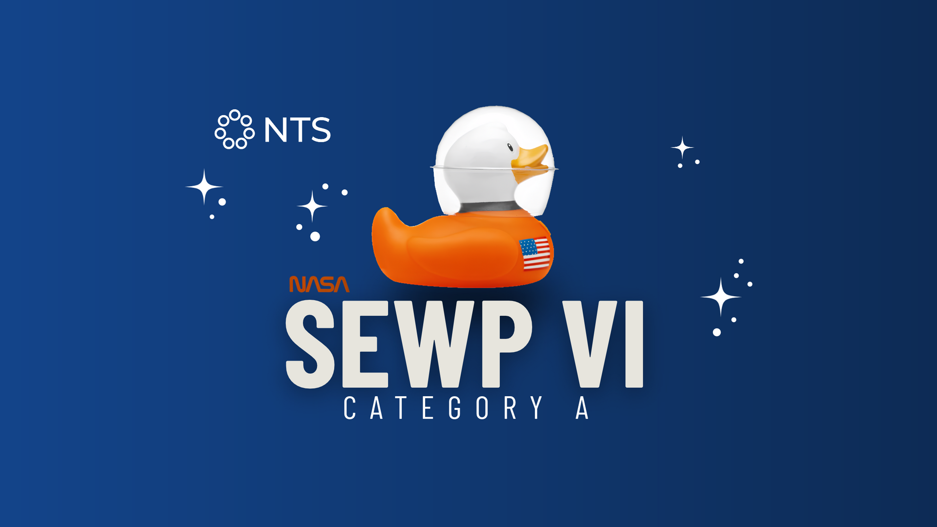 Blue SEWP VI Category A logo with a white and orange rocket and small NTS mark