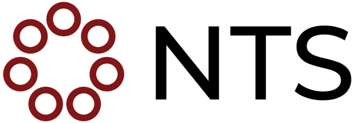 NTS logo with maroon circular marks and black text