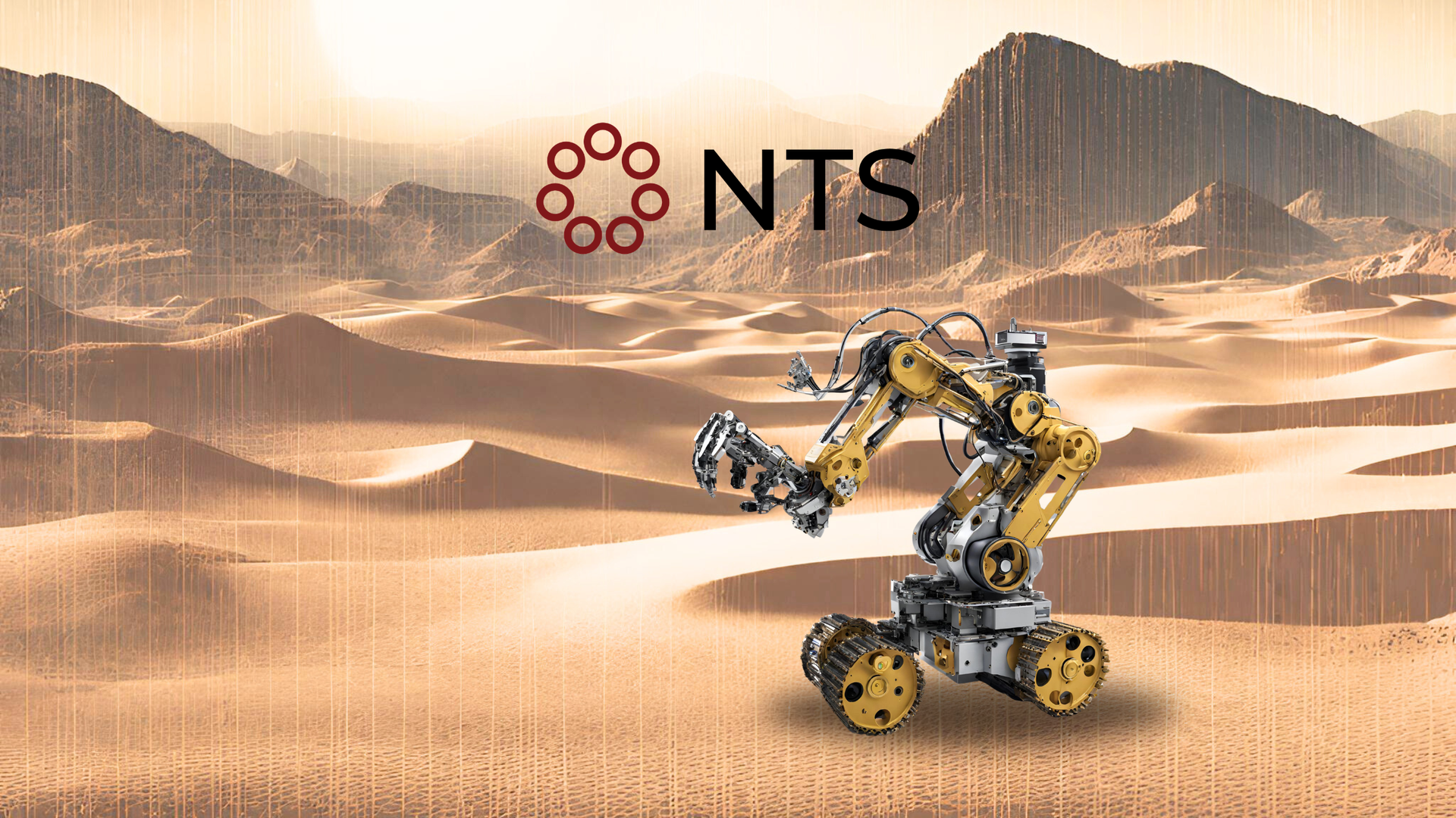 NTS logo above a robotic arm in a sandy desert landscape with rocky cliffs