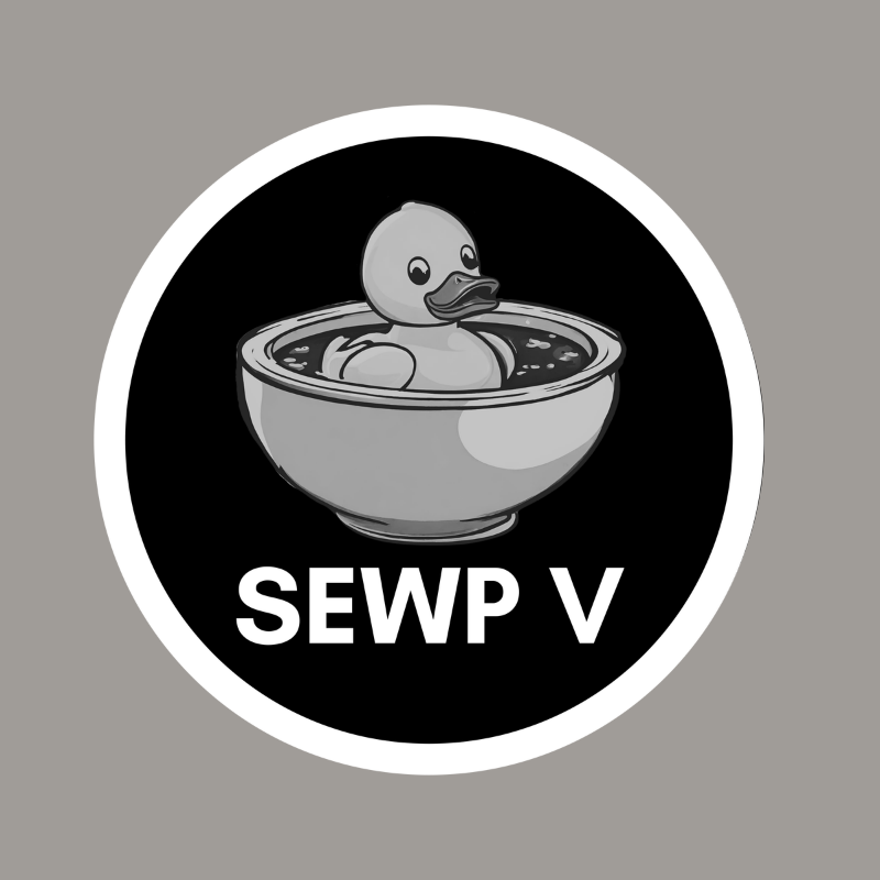 A rubber duck in a bowl on a blue background, text “SEWP V”.
