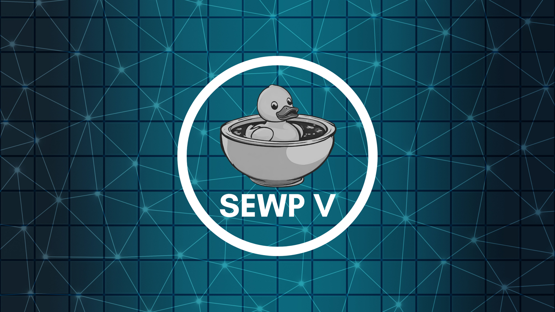 White circular logo with a gray cartoon figure above “SEWP V” on a blue grid background