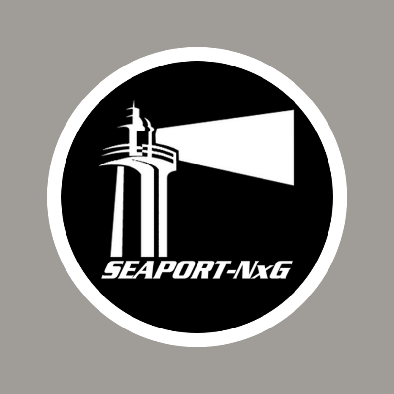 Black and white logo: lighthouse with light beam, inside a circle with 