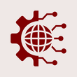 Red gear with a globe and circuit board elements.