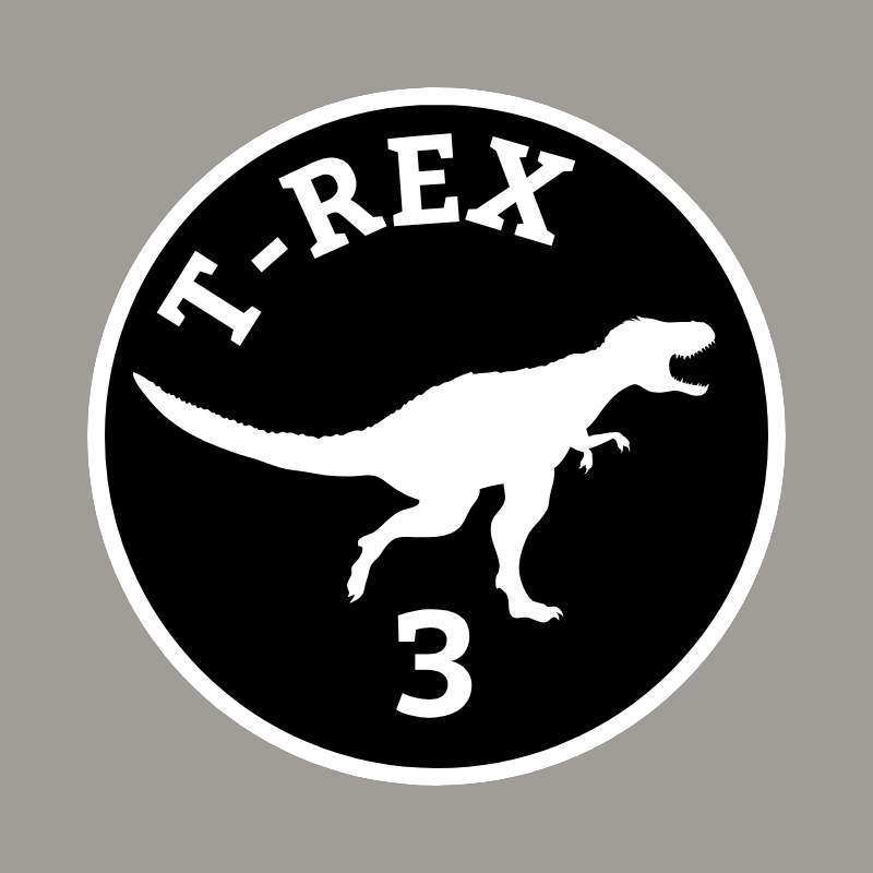 Circular badge with a black Tyrannosaurus Rex silhouette, 