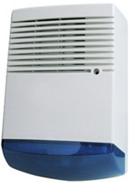 White and blue security alarm with a vent at the top.