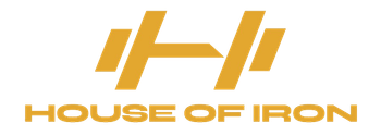 House of Iron logo in gold with stylized barbell icon on a white background