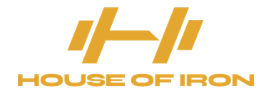 House of Iron logo in gold with stylized barbell icon on a white background