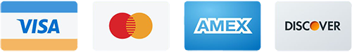 Logos for Visa, Mastercard, AMEX, and Discover credit cards.