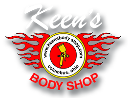 Logo for Keen's Body Shop: White text, flames, red and yellow circle with a spray gun, and the website.
