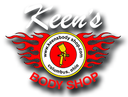 Keen's Body Shop logo with a flaming design, central circle with a spray gun, website address, and location.