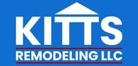 Logo for Kitts Remodeling LLC, featuring white text and a roof icon against a bright blue background.
