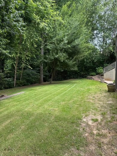 Green lawn bordered by trees and a portion of a wooden deck. Sunny day.