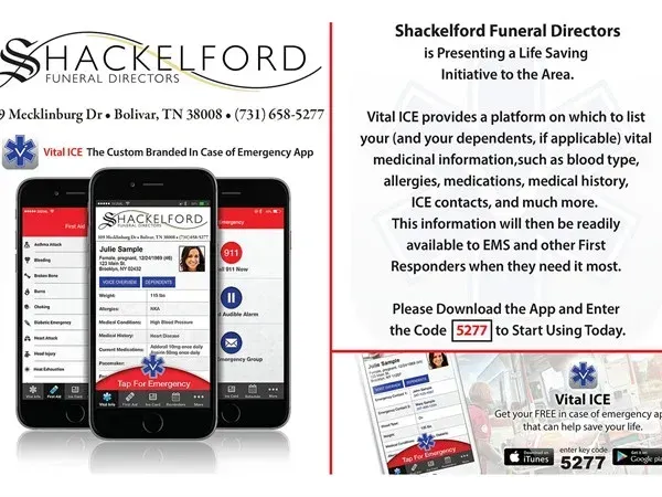 Shackleford Funeral Directors ad promoting the Vital ICE emergency app, with phones and brochure