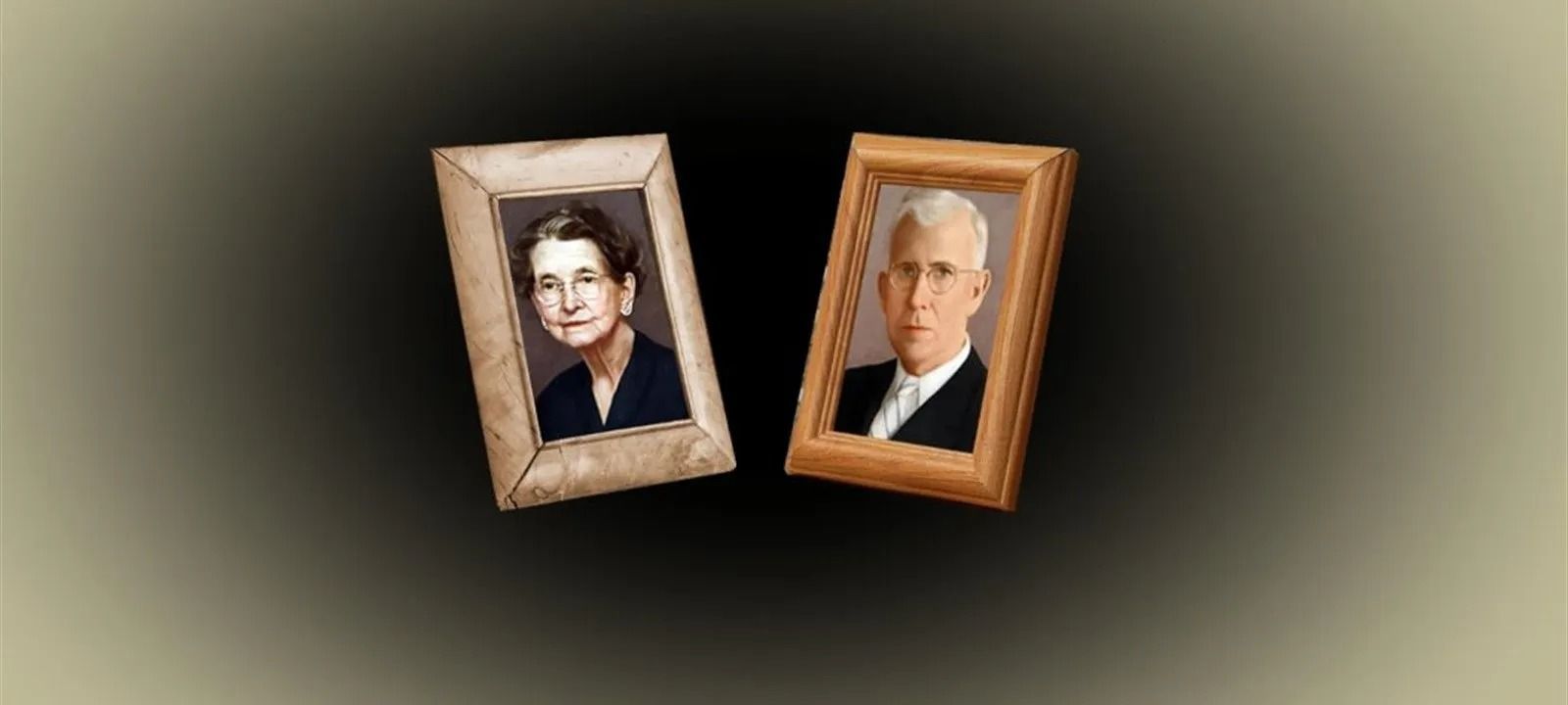 Two framed portraits leaning side by side on a dark beige background