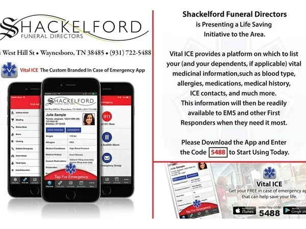 Shackelford Funeral Directors ad for Vital ICE app, with smartphone screenshots and emergency contact details