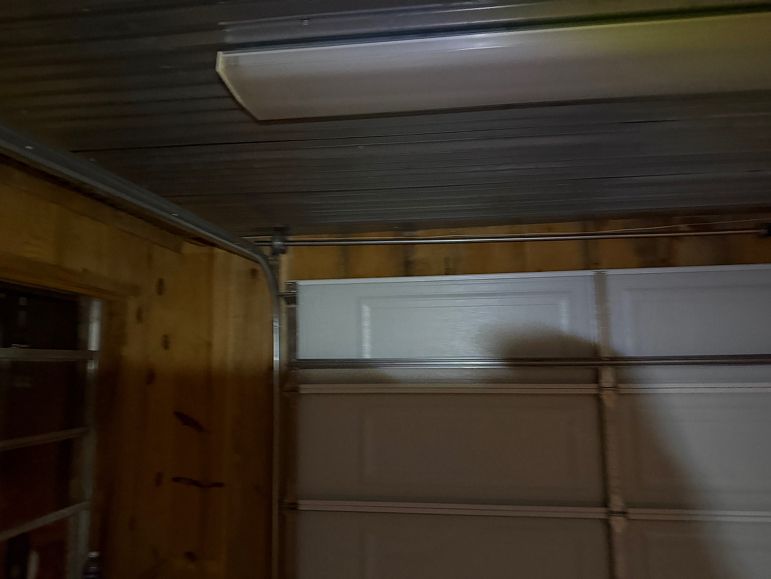 Interior of a dim garage with a closed beige door, wood-paneled wall, and ceiling light fixture