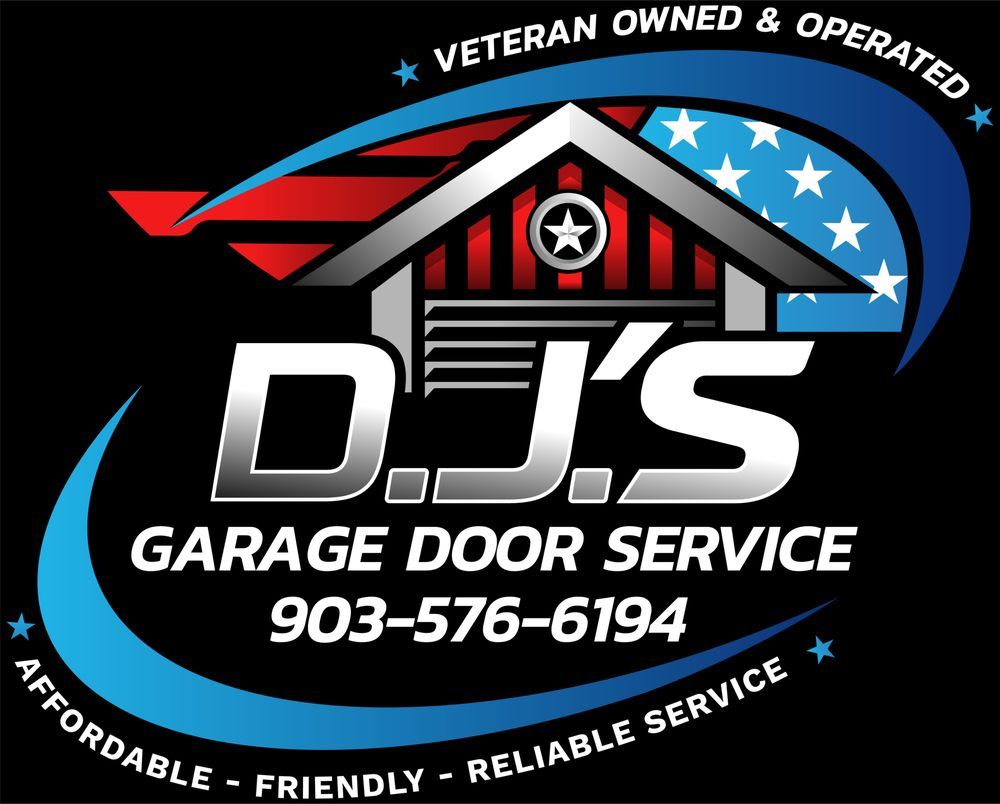 D.J.&rsquo;s Garage Door Service logo with red, white, and blue house graphic and phone number 903-576-6194