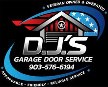 D.J.’s Garage Door Service logo with red, white, and blue house graphic and phone number 903-576-6194