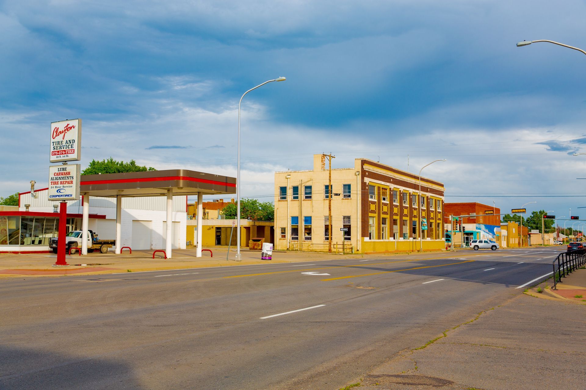 A small town with a gas station and a building