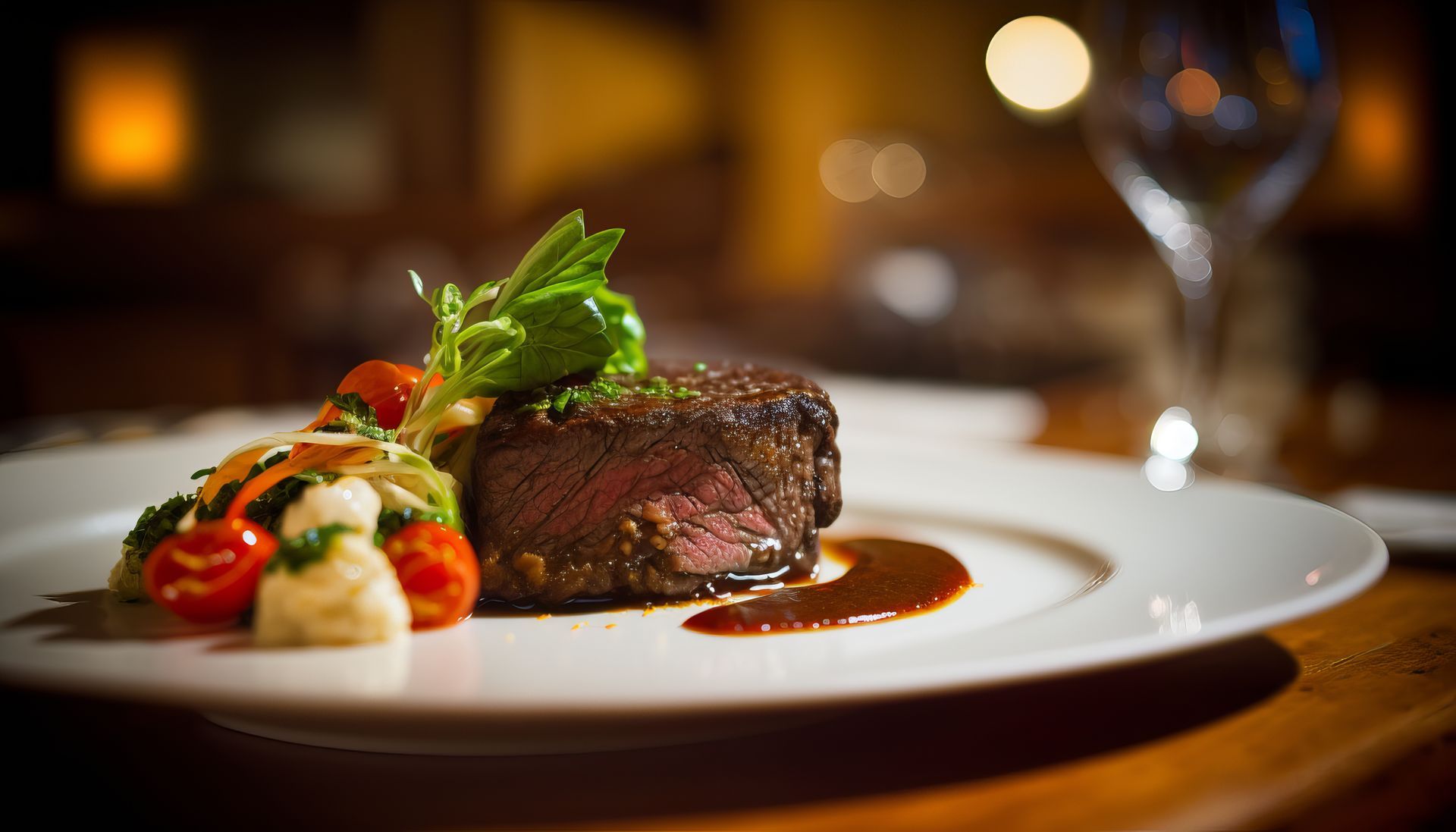 A white plate topped with a steak and vegetables next to a glass of wine.