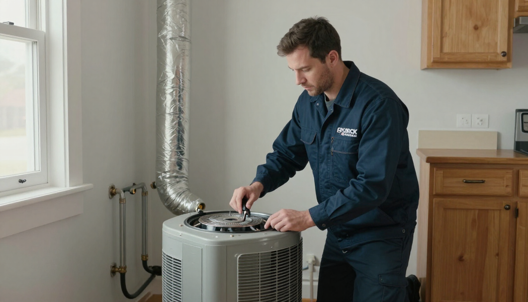 Technician inspecting a rooftop HVAC unit in a utility room, with ducting and wooden cabinets nearby