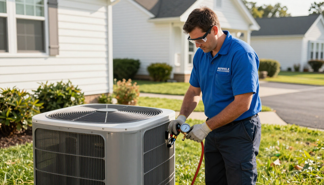 HVAC technician in blue shirt inspects an outdoor air conditioner with gauges in a suburban yard