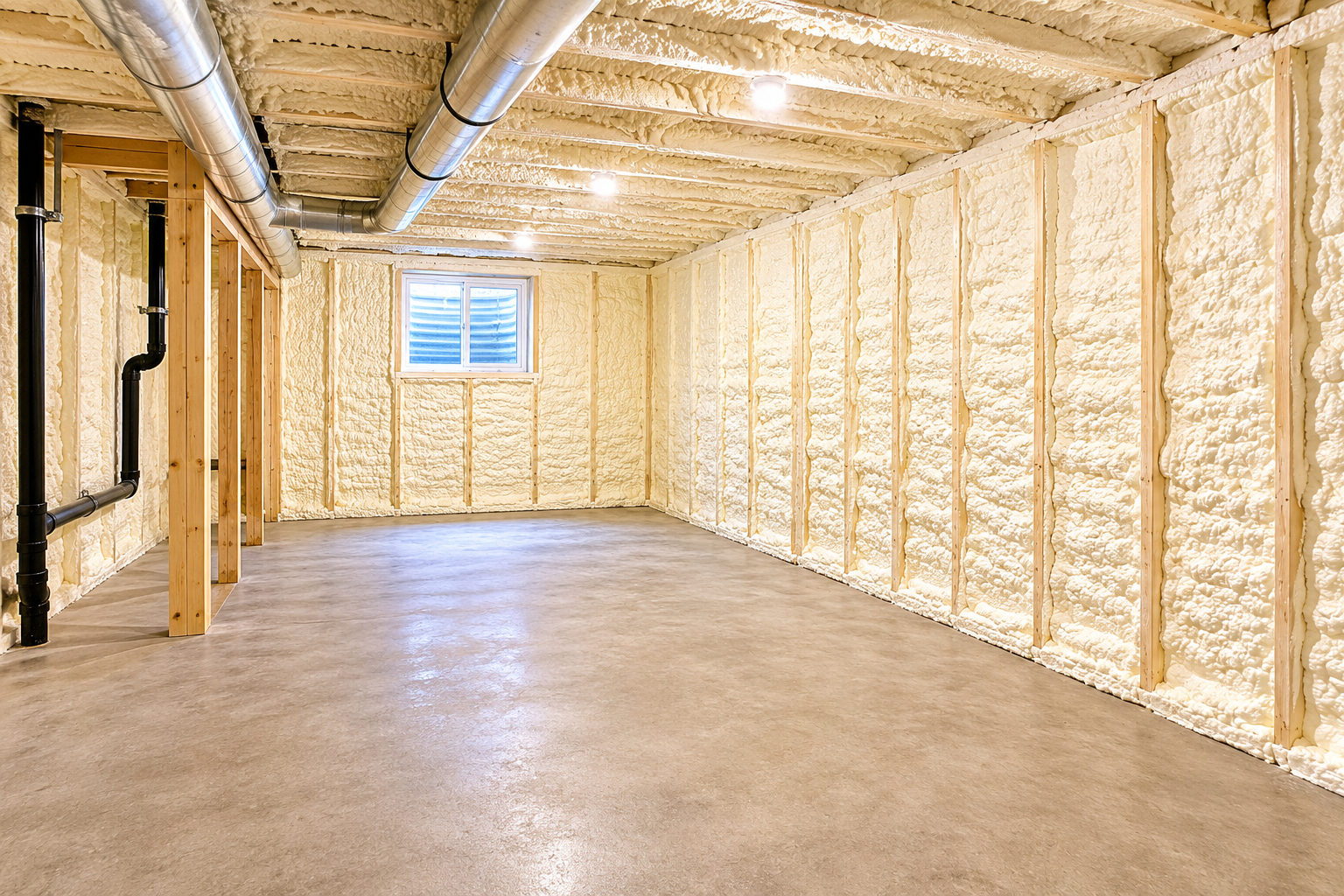 Basement walls fully insulated with spray foam between the studs
