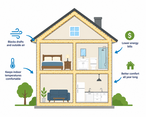 Cross sectional diagram of a house showing the benefits of spray foam insulation