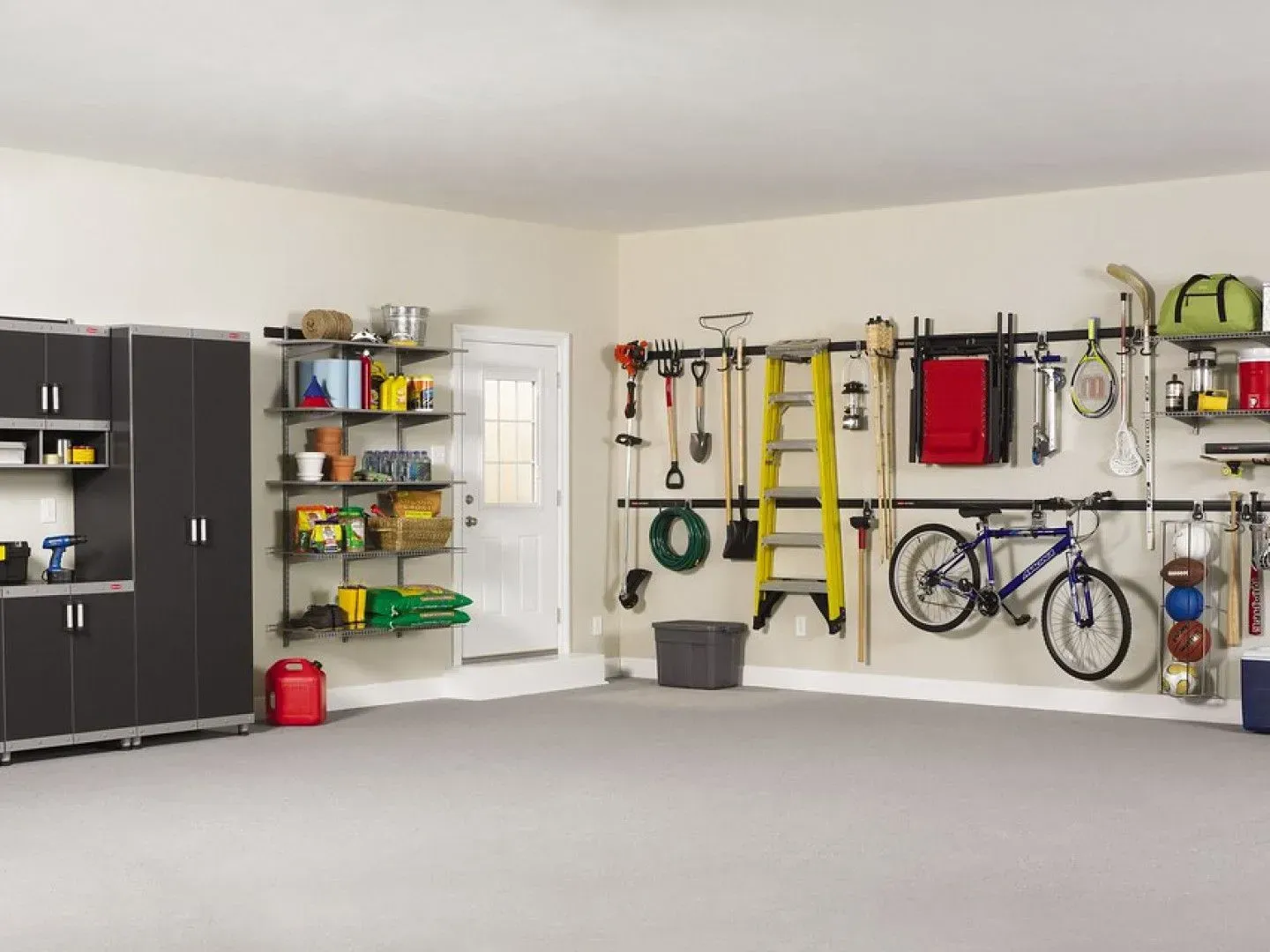 A garage filled with lots of tools and a bike